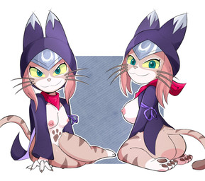 anthro breasts claws clothing female finger_claws headgear headwear looking_at_viewer looking_back looking_back_at_viewer nude nude_anthro nude_female pawpads scarf shortstack shortstack_anthro shortstack_female small_breasts solo whiskers admirallewdie capcom monster_hunter monster_hunter_stories_2:_wings_of_ruin tsukino_(monster_hunter_stories) domestic_cat felid feline felis felyne lynian mammal hi_res