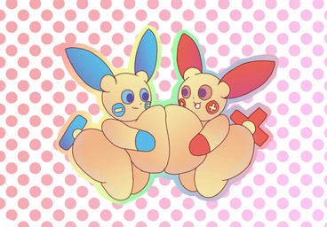 anthro big_breasts big_butt breast_squish breasts breasts_frottage butt duo fangs female huge_breasts outline pattern_background simple_background squish teeth nanabsylve nintendo pokemon generation_3_pokemon minun plusle pokemon_(species) hi_res
