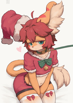anthro bedroom_eyes bell big_ears blue_eyes bottomwear brown_body brown_fur cheek_tuft christmas_clothing christmas_headwear clothing collar collarbone crop_top facial_tuft fluffy fluffy_tail fur hair hat headgear headwear heart_symbol holidays inner_ear_fluff leash leashed_collar legwear male narrowed_eyes navel red_bottomwear red_clothing red_crop_top red_hair red_shirt red_shorts red_topwear ribbons santa_hat seductive shirt shorts simple_eyes sitting solo stockings tail thick_thighs topwear tuft white_clothing white_legwear white_stockings wide_hips arcadius0505 christmas arca_(arcadius0505) felid feline mammal 2023 hi_res