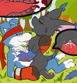 3_claws 3_toes accessory animal_genitalia animal_penis anthro anthro_on_anthro biped black_body black_claws black_fur black_nose black_tail blue_body blue_clitoris blue_ears blue_fur blush blush_lines bodily_fluids boxing_gloves breast_lick breast_play breasts canine_genitalia canine_penis clawed_gloves claws clitoris close-up clothing cowgirl_position cum cum_drip cum_from_vagina cum_in_uterus cum_in_vagina cum_inside cutaway day detailed_background digitigrade dripping dripping_vulva duo ejaculation erection eyelashes eyes_closed feet female female_anthro female_on_top foot_markings forest from_front_position fur genital_fluids genitals gloves grass hand_behind_back handwear headband internal internal_vaginal interspecies kneeling knot knotted_penis knotting leg_markings licking licking_another licking_partner looking_at_another looking_at_partner looking_pleasured lying male male/female male_anthro male_on_bottom markings multicolored_body multicolored_fur narrowed_eyes nude nude_anthro nude_female nude_male on_back on_bottom on_grass on_ground on_top open_mouth orgasm orgasm_face outside pawpads penetration penile penile_penetration penis penis_in_vagina pink_inner_ear pink_pawpads pink_tongue pink_vulva plant red_clothing red_gloves red_handwear red_headband red_penis sex snout tail toe_claws toes tongue tongue_out tree two_tone_body two_tone_fur uterus vaginal vaginal_canal vaginal_penetration vulva white_body white_fur white_inner_ear white_markings yellow_eyes brentms80 meraence bandai_namco digimon blackgatomon canid canine digimon_(species) gaomon mammal 2020 digital_media_(artwork)