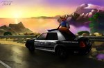 anthro brown_body brown_fur car clothing cloud detailed_background dipstick_ears duo ear_markings female fur grey_body grey_fur male motor_vehicle mountain multicolored_ears orange_body orange_fur outside plant police police_car police_officer police_uniform police_vehicle road rock sea sitting sky sunset tree uniform vehicle water askalin disney ford ford_crown_victoria zootopia judy_hopps nick_wilde canid canine fox lagomorph leporid mammal rabbit red_fox true_fox 2020 absurd_res digital_media_(artwork) hi_res signature