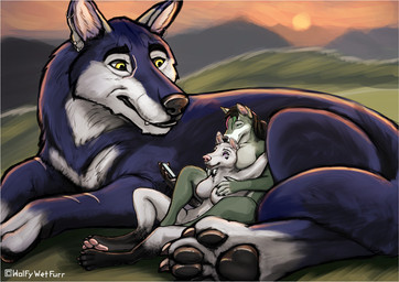 anthro blue_body blue_fur claws cuddling ear_piercing ear_ring electronics female feral fur grass grassy_hill green_body green_fur group hair hill male mountain outside paws phone piercing plant ring_piercing scar sun sunset trio white_body white_fur yellow_eyes wolfywetfurr_(artist) canid canine canis mammal wolf story story_in_description