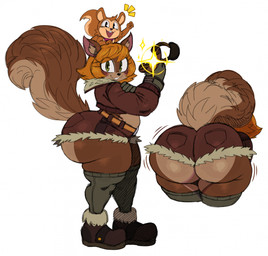 alternate_species anthro anthrofied belly big_butt big_tail blush boots bottomwear brown_body brown_fur bubble_butt buckteeth butt clothing denim denim_bottomwear denim_clothing denim_shorts duo emanata fat_belly female fluffy fluffy_tail footwear fur furrification green_eyes hair hotpants huge_butt legwear looking_at_viewer midriff orange_hair overweight overweight_anthro overweight_female potbelly ranged_weapon shoes shorts side_view simple_background slingshot smile socks standing tail teeth thick_thighs thigh_highs thigh_socks weapon white_background wide_hips sssonic2 marvel sega sonic_the_hedgehog_(series) squirrel_girl_(marvel) tippy-toe mammal rodent sciurid tree_squirrel 2025 digital_media_(artwork) hi_res