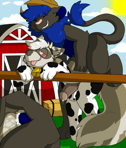 anal anal_penetration animal_print anthro anthro_on_anthro anthro_penetrated anthro_penetrating anthro_penetrating_anthro armwear barn bdsm bell bell_collar big_tail blue_hair blue_penis blue_sky bodily_fluids circumcised claws clothed clothing cloud collar cow_print cowbell cum cum_in_ass cum_inside cutaway duo elbow_gloves eyes_closed farm fur genital_fluids genitals gloves grey_body grey_fur hair handwear hat headgear headwear horn humanoid_genitalia humanoid_penis hypnosis knock-kneed leaning leaning_forward legwear male male/male male_penetrated male_penetrating male_penetrating_male mind_control nude outside penetration penile penile_penetration penis petplay pink_eyes pink_nose precum ringed_eyes roleplay sex sky smile standing stockings sun tail thigh_highs three-quarter_view tongue tongue_out white_armwear white_clothing white_legwear crisstail shugnussy_lion felid lion mammal pantherine procyonid raccoon hi_res