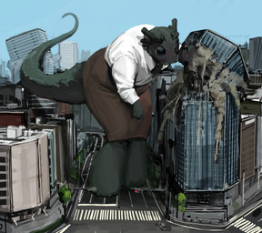 8_horns accessory ambiguous_gender anthro big_eyes big_pupils biped black_body black_eyes blouse bottomwear building building_destruction car city city_destruction cityscape clothed clothed_anthro clothing destruction detailed_background horn leaning leaning_forward long_skirt long_tail macro multi_horn necktie pupils sidewalk skirt sky solo standing street tail tapering_tail text topwear tower traffic_light vehicle zarzaliel scalie unknown_species absurd_res artist_name digital_media_(artwork) digital_painting_(artwork) hi_res painting_(artwork)
