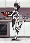 anthro baking black_body black_fur black_hair black_hooves blush bodily_fluids butt clothed clothing cookie cooking cum cum_on_food detailed_background ear_piercing erection femboy food food_fetish food_play freckles fur genital_fluids genitals green_eyes hair handwear hooves humanoid_genitalia humanoid_penis kitchen kitchen_utensils male mottled mottled_body mottled_fur nude one_leg_up oven_mitts penis piercing pink_nose raised_leg rear_view smile solo sweat thick_thighs tools wet white_body white_fur wide_hips mabiwabi sue_lee deer mammal hi_res