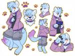 amber_eyes anthro blue_body blue_fur bottomwear clothing collar footprint fur gaming handheld multicolored_body multicolored_fur one_eye_closed pawprint shorts smile sweater three_quarter_angle topwear two_tone_body two_tone_fur wave topolis goji_(flitchee) arctic_fox canid canine fox mammal true_fox