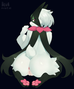 3_toes anthro anus biped blush body_blush butt cheek_tuft eyebrows facial_tuft feet female genitals kneeling looking_at_viewer looking_back looking_back_at_viewer monotone_background pawpads paws pink_pawpads presenting presenting_hindquarters raised_inner_eyebrows simple_background smile soles solo toes tuft vulva vulva_blush conditional_dnp nova_pendragon nintendo pokemon generation_9_pokemon meowscarada pokemon_(species) 2025 absurd_res dated hi_res signature