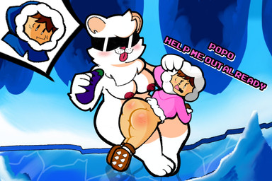 anthro areola big_breasts big_butt black_eyes blue_clothing blue_topwear blush boots bottomless breasts brown_boots brown_clothing brown_footwear brown_hair butt cheek_tuft clothed clothing crossgender dialogue eggplant eyelashes eyewear facial_tuft female food footwear front_view fruit fur group hair head_tuft holding_eggplant holding_food holding_object male mtf_crossgender neck_tuft nipples nude open_mouth pink_areola pink_clothing pink_nipples pink_nose pink_topwear plant shoes sunglasses tan_body tan_skin text thick_thighs tongue tongue_out topwear trio tuft white_body white_fur wide_hips heyomaerow ice_climber nintendo nana_(ice_climber) polar_bear_(ice_climber) popo_(ice_climber) bear human mammal polar_bear ursine hi_res