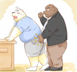 anthro belly black_nose blush bottomwear brown_body brown_fur butt_slap clothing duo fur humanoid_hands kemono male male/male necktie overweight overweight_male pants shirt slap spanking topwear white_body white_fur andikapatok bear mammal polar_bear ursine 2015 hi_res
