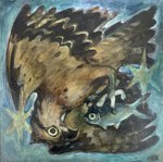 ambiguous_gender beak black_beak black_eyes blue_background blue_body brown_body claws duo feathered_wings feathers feral flying grabbing_another simple_background star wings yellow_sclera mushbeast accipitriform avian bird fish marine osprey absurd_res acrylic_painting_(artwork) hi_res painting_(artwork) traditional_painting_(artwork)
