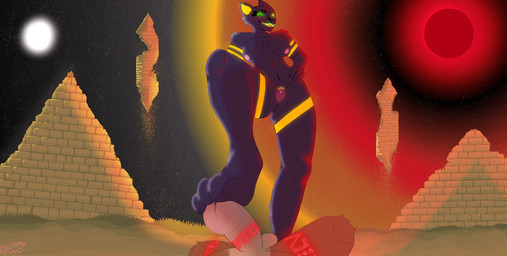 anthro desert dominant dominant_female duo feet female foot_fetish foot_on_penis foot_play footjob genitals green_eyes male male/female paws penis purple_body pyramid runes sex space toes chippsowo chloe_(cakeinferno) firefoxyboy anubian_jackal canid canine canis fox jackal mammal hi_res shaded