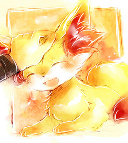 3_toes 5_fingers ^o^ ambiguous_feral ambiguous_gender black_nose blush blush_lines border cheek_tuft digitigrade dipstick_tail duo eyes_closed facial_tuft feet feral fingers fur headpat inner_ear_fluff lying markings multicolored_body multicolored_fur on_front open_:3 open_mouth open_smile orange_background orange_body orange_fur orange_inner_ear_fluff orange_tail_tip pointy_ears prick_ears quadruped side_view simple_background smile solo_focus tail tail_markings toes tuft two_tone_tail white_body white_fur yellow_body yellow_fur yellow_tail dufy nintendo pokemon calem_(pokemon) canid fennekin generation_6_pokemon human mammal pokemon_(species) 2013 colored digital_drawing_(artwork) digital_media_(artwork) full-length_portrait portrait shaded male_(lore)