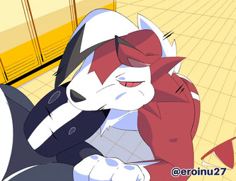 anthro balls big_penis black_body black_fur clothing duo erection fellatio fur genitals humanoid_genitalia humanoid_penis jockstrap locker_room male male/male oral penile penis penis_in_mouth red_body red_fur sex underwear eroinu27 nintendo pokemon generation_7_pokemon generation_8_pokemon lycanroc obstagoon pokemon_(species) 2d_animation animated frame_by_frame no_sound short_playtime video