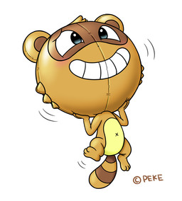 3_toes after_transformation air_inflation anthro balloon_transformation balloonie black_eyes brown_body brown_text copyright_symbol countershade_torso countershading facial_markings featureless_chest featureless_crotch feet floating hands_on_own_face head_inflation head_markings inflatable_head inflation male markings mask_(marking) navel permanent_smile simple_background solo striped_markings striped_tail stripes symbol tail tail_markings text toes white_background x_navel yellow_body yellow_countershading peketope canid canine mammal raccoon_dog tanuki 2017 artist_name digital_media_(artwork)