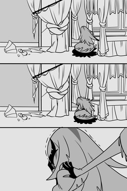 anthro bed bodily_fluids crying curtains duo female furniture grey_background hair long_hair simple_background tears divacyanide hellaverse helluva_boss octavia_(helluva_boss) stella_(helluva_boss) avian bird owl owl_demon 2:3 absurd_res comic hi_res monochrome daughter_(lore) mother_(lore) mother_and_child_(lore) mother_and_daughter_(lore) parent_(lore) parent_and_child_(lore) parent_and_daughter_(lore)