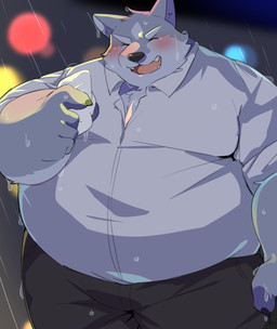 anthro belly big_belly black_nose blush bottomwear clothing eyes_closed grey_body humanoid_hands kemono male outside overweight overweight_male pants raining shirt solo topwear 0119_muu canid canine canis mammal wolf 2023 hi_res