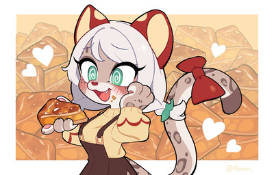 accessory anthro apron black_claws black_text bow_ribbon braided_hair brown_apron brown_clothing chibi claws clothing crumbs_on_face exclamation_point eyelashes female food furgonomics green_eyes hair hair_accessory hair_tie heart_symbol holding_food holding_object leopard_spots long_eyelashes long_hair long_tail open_mouth open_smile pawpads pie_(food) pink_pawpads plant red_bow red_ears ribbons simple_background smile solo spiral spiral_eyes spots tail tail_accessory tail_bow tail_ribbon tan_inner_ear text thin_eyebrows topwear white_hair white_heart yellow_clothing yellow_topwear appoco pomchet_(appoco) felid mammal pantherine snow_leopard 2026 digital_drawing_(artwork) digital_media_(artwork) english_text hi_res