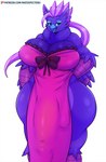 anthro balls_outline bare_shoulders beak big_breasts big_bulge biped blue_body blue_ears blue_eyes blue_feathers blue_inner_ear_fluff blue_tongue bow_ribbon breasts bulge cheek_tuft cleavage clothed clothing clothing_bow curvy_figure detailed_bulge dress evening_gown eye_markings eyelashes facial_tuft feathers front_view fully_clothed genital_outline glistening glistening_body glistening_feathers gynomorph hair hand_on_hip huge_breasts huge_bulge inner_ear_fluff intersex long_hair looking_at_viewer markings monotone_hair multicolored_body multicolored_feathers neck_tuft open_mouth open_smile pelvic_curtain penis_outline pink_clothing pink_dress purple_body purple_hair purple_inner_ear simple_background smile solo standing thick_thighs tongue tuft voluptuous white_background wide_hips matospectoru mythology luvalind_blue avian gryphon mythological_avian mythological_creature colored digital_media_(artwork) hi_res portrait shaded three-quarter_portrait herm_(lore)