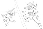 5_fingers action_pose anthro armor bone_frill boots breasts clothed clothing cosplay crossover_cosplay duo eyewear faulds female fingers fist footwear frill_(anatomy) glasses narrowed_eyes pauldron plantigrade pose shoes snout solo_in_panel tail unknown_artist cavemanon_studios dragon_ball dragon_ball_z goodbye_volcano_high snoot_game stacy_(gvh) theresa_(snoot_game) dinosaur hadrosaurid ornithischian ornithopod parasaurolophus prehistoric_species reptile scalie crossover monochrome