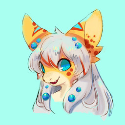 anthro blue_eyes cute_fangs fangs female hair open_mouth orange_body pale_body simple_background solo teal_background teeth tongue white_hair aishasoup sushi_(sootsprite) aquatic fish shark 1:1 headshot_portrait hi_res portrait