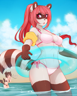 :3 anthro bikini black_hair breasts brown_body brown_fur brown_nose cleavage clothed clothing cloud duo exclamation_point female fur hair horn inflatable insult legs_in_water long_hair looking_back membrane_(anatomy) membranous_wings navel outside partially_submerged pink_bikini pink_clothing pink_swimwear pool_float red_eyes red_hair round_ears sea short_hair side-tie_bikini sky solo_focus standing standing_in_water string_bikini stripes submerged_legs swim_ring swimwear two-piece_swimsuit water white_body white_fur wings night_creep mona_(spittfire) demon horned_humanoid humanoid mammal procyonid raccoon winged_humanoid 2015 4:5 digital_media_(artwork) hi_res