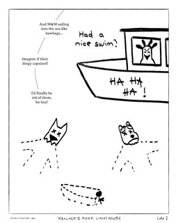 anthro beak boat border death dialogue dotted_line feathers laugh laughing_at_another male simple_background smile text underwater vehicle water watercraft white_background white_border window x_eyes sharkinthepark luke_(sharkinthepark) maccaw_(sharkinthepark) macleish_(sharkinthepark) accipitriform avian bird canid canine canis domestic_dog mammal owl secretary_bird 2025 4:5 absurd_res black_and_white comic english_text hi_res monochrome