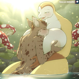 anthro big_breasts breast_squeeze breasts curvy_figure dripping duo eyes_closed female forest fungus hug huge_breasts inner_ear_fluff larger_female male male/female mature_anthro mature_female mushroom nipples nude outside partially_submerged plant sex size_difference smaller_male squeezing text tree tuft voluptuous water marik_azemus34 helga_vanilla avian bird domestic_cat felid feline felis mammal owl 1:1 hi_res url