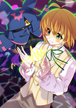 anthro black_body black_fur blonde_hair blue_eyes cloak clothing cowl duo flying fur hair male pupils ribbons smile topwear unusual_pupils vest visor wings yellow_eyes tyks_yuzu bandai_namco digimon digimon_beatbreak makoto_kuonji chiropmon digimon_(species) human mammal hi_res