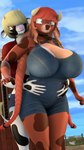 anthro belly big_breasts braided_pigtails breasts cowbell duo farm female grabbing_from_behind hair hair_over_eyes horn huge_breasts mature_female outside overalls_only red_hair revamped_anthros slightly_chubby slightly_chubby_female donglysfm freya_(donglysfm) tess_(donglysfm) bovid bovine cattle mammal 3d_(artwork) 4k 9:16 absurd_res digital_media_(artwork) hi_res source_filmmaker_(artwork)