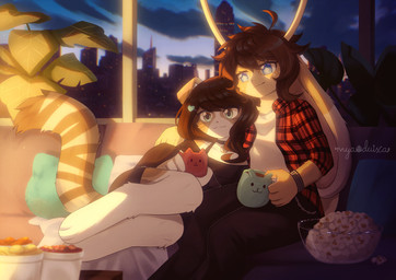 2_horns accessory anthro antlers bell big_ears biped black_bottomwear black_clothing black_dress black_hair black_pants bottomwear choker city clothed clothing container countershade_face countershade_torso countershading cup dress duo female floppy_ears food front_view furniture hair hair_accessory hairclip holding_container holding_cup holding_mug holding_object horn houseplant inside interspecies jewelry leg_markings long_ears looking_at_another looking_at_partner male male/female markings mug multicolored_body necklace on_sofa pants popcorn pupils shirt sitting sitting_on_sofa socks_(marking) sofa sunset tan_body topwear two_tone_body unusual_pupils white_body white_clothing white_countershading white_markings white_shirt white_topwear sunnynoga domestic_cat felid feline felis jackalope lagomorph mammal scottish_fold 2025