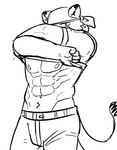 abs anthro biceps bottomwear clothing fur hair looking_at_viewer male muscular muscular_anthro muscular_male nipples pants pecs scar shirt simple_background solo tail topwear undressing northwoooof regnar_(northwooof) cougar felid feline mammal hi_res monochrome