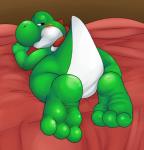 3_toes ambiguous_gender bed bed_sheet bedding bedroom bedroom_eyes blue_eyes blush butt curling_toes featureless_crotch feet feral foot_focus furniture half-closed_eyes hindpaw looking_at_viewer lying narrowed_eyes nude paws plantigrade presenting seductive soles solo toes futonmania mario_bros nintendo dinosaur green_yoshi prehistoric_species reptile scalie yoshi digital_media_(artwork) hi_res