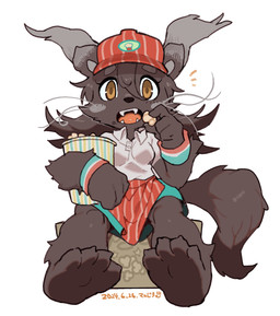 anthro apron arm_tuft barefoot cheek_tuft clothing collared_shirt eating_popcorn emanata eyelashes facial_tuft fangs feet female food fur grey_body grey_fur grey_hair hair hat headgear headwear leg_tuft pattern_apron pattern_clothing pattern_hat pattern_headgear pattern_headwear popcorn popcorn_bucket red_clothing red_hat red_headwear sharp_teeth shirt simple_background sitting solo striped_apron striped_clothing striped_hat striped_headgear striped_headwear stripes tail teeth topwear tuft waist_apron whiskers white_background white_clothing white_shirt white_topwear wristband yellow_eyes sanjiro dasyurid dasyuromorph mammal marsupial tasmanian_devil 2024 hi_res reaction_image