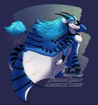 anthro blue_body blue_fur blue_hair breasts female fur hair horn membrane_(anatomy) membranous_wings nipples pose solo stripes tail tail_tuft text tuft white_body white_fur wings yellow_eyes temrin mythology arcten dragon mythological_creature mythological_scalie scalie digital_media_(artwork) english_text pinup