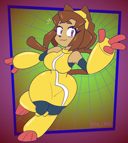 abstract_background anthro armor breasts brown_hair brown_tail clothing curvy_figure dress eyewear eyewear_on_head female fur gesture goggles goggles_on_head hair hand_gesture red_eyes running side_boob solo tail tan_body tan_fur v_sign wide_hips gavanzude gameoverse glitch_productions kit_bodega domestic_cat felid feline felis mammal 2026 alternate_version_at_paywall digital_drawing_(artwork) digital_media_(artwork) hi_res signature