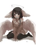 absolute_territory angelic anthro arm_support big_ears black_hair blush bob_cut bodily_fluids breasts cleavage clothed clothing crying eyelashes feathered_wings feathers female fluffy fluffy_tail glistening glistening_eyes grey_eyes hair halo hands_between_legs legwear medium_breasts natural_breasts no_bra open_mouth simple_background sitting solo stockings sweater_dress tail tears text thigh_highs wings 115meg canid canine fennec_fox fox mammal true_fox unknown_species absurd_res artist_name hi_res signature