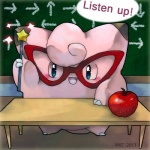 apple blue_eyes board chalkboard classroom desk directional_arrow eyewear eyewear_only female food fruit furniture glasses glasses_only information_board inside looking_at_viewer nude plant school solo table wand wearing_glasses mikoto-chan clefairy_says nintendo pokemon pokemon_stadium clefairy generation_1_pokemon pokemon_(species) 1:1 2013