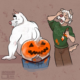 amused amusement anthro backsack balls beer_belly belly biceps big_belly black_eyebrows black_eyes blue_bottomwear blue_clothing blue_pants bodypaint bottomwear bottomwear_down bottomwear_pull brown_body brown_bottomwear brown_clothing brown_fur brown_pants butt butt_focus clothed clothing clothing_pull duo exposed exposed_butt eyebrows eyes_closed facial_hair fur genitals goatee green_clothing green_shirt green_topwear hair happy jack-o'-lantern laugh laughing_at_another looking_back male male/male mature_anthro mature_male mooning musclegut muscular muscular_anthro muscular_male mustache orange_paint paint paint_stain painted_balls painted_butt pants pants_down pants_pull partially_clothed pink_nose presenting presenting_hindquarters pumpkin_butt rear_view red_clothing red_underwear shirt silly silly_face smile stained_clothing stained_pants stained_shirt tail thick_eyebrows tongue tongue_out topless topless_anthro topless_male topwear underwear white_body white_eyebrows white_facial_hair white_fur white_goatee white_hair white_mustache jackaloo emery_waldren noah_mcmurphy canid canine canis domestic_dog great_dane mammal mastiff molosser 1:1 2025 hi_res