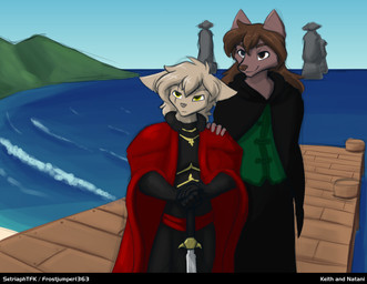 armor brown_body brown_fur brown_hair cloak clothing docks eye_scar facial_scar fur hair hand_on_shoulder heterochromia melee_weapon scar sculpture sea statue sword sword_on_ground tan_body tan_fur tan_hair water weapon setriaphtfj twokinds keith_keiser natani absurd_res hi_res