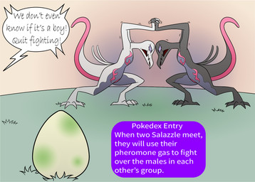 ambiguous_gender anthro dialogue duo egg fight grass group plant pokemon_egg speech_bubble text chatstories nintendo pokemon generation_7_pokemon pokemon_(species) salazzle shiny_pokemon english_text
