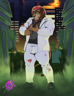 anthro building bulge burning cemetery chaos claws clothing electronics fire game_console gesture hand_gesture jacket light male musclegut muscular night overweight piercing pointing pursuit ruins solo suit tombstone topwear white_clothing white_jacket white_topwear dillcresta left_4_dead_(series) valve valve_corporation felid lion mammal pantherine undead zombie absurd_res digital_media_(artwork) hi_res lighting