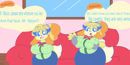 anthro big_breasts breast_grab breast_play breast_squish breasts butt clothed clothing duo female hand_on_breast male male/female orange_ears squish tail yellow_body yellow_tail startlin animal_crossing nintendo isabelle_(animal_crossing) canid canine canis domestic_dog human mammal 2d_animation animated animated_comic animated_gif comic short_playtime