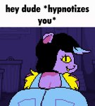 anthro bent_over big_butt black_hair butt butt_focus butt_jiggle caption clothed clothing eyelashes fangs female fur hair huge_butt jiggling looking_at_viewer looking_back looking_back_at_viewer overalls presenting presenting_hindquarters pupils purple_body purple_fur rear_view seductive shaking_butt slit_pupils solo talking_to_viewer teeth text dreamy_toots hey_dude_hypnotizes_you undertale undertale_(series) catty_(undertale) domestic_cat felid feline felis mammal 2025 animated digital_media_(artwork) english_text meme pixel_(artwork) pixel_animation short_playtime