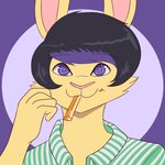 anthro black_hair carrot chewing food hair highlights_(coloring) male pink_nose plant purple_eyes purple_hair smile solo vegetable damian5320 dami_(damian5320) lagomorph leporid mammal rabbit 1:1 animated bust_portrait portrait short_playtime