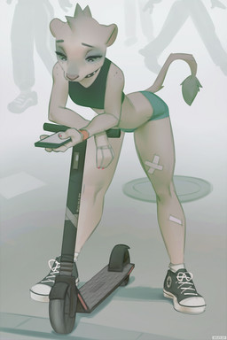 anthro bent_over bottomwear cellphone clothed clothing electronics female footwear freckled_face freckled_shoulders freckles fur half-closed_eyes holding_cellphone holding_object holding_phone holding_smartphone narrowed_eyes phone scooter shoes shorts simple_background smartphone tail topwear tuft white_body white_fur miles_df sierra_(father_of_the_pride) felid lion mammal pantherine digital_media_(artwork)