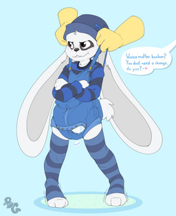 3_fingers 3_toes ambiguous_gender anthro beanie big_diaper big_ears black_facial_markings black_nose blue_background blue_beanie blue_clothing blue_hat blue_headwear blush blush_lines bodily_fluids buckteeth button_(fastener) clean_diaper clothed clothing crossed_arms denim denim_clothing dialogue diaper diaper_under_clothing disembodied_hand duo facial_markings feet fingers floppy_ears fur grey_inner_ear hat head_markings headgear headwear heart_symbol legwear logo markings overalls pattern_clothing pattern_legwear pattern_shirt pattern_thigh_highs pattern_topwear scut_tail shirt short_tail simple_background speech_bubble squish squish_(sound_effect) striped_clothing striped_legwear striped_shirt striped_thigh_highs striped_topwear stripes sweat tail teeth text thigh_highs tilde_after_text toes topwear wearing_diaper white_body white_ears white_fur white_tail wobbling yellow_body bubblepuppers bubblegum_(bubblepuppers) mistletoe_(dylanamin) lagomorph leporid mammal rabbit absurd_res artist_logo english_text hi_res