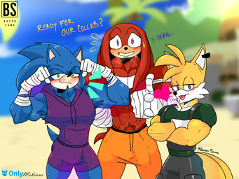 5_fingers anthro arm_wraps armpit_hair blush bodily_fluids body_hair bulge chin_tuft confident crossed_arms detailed_bulge ear_piercing ear_ring facial_tuft fingers flexing gesture group hand_gesture heart_symbol imminent_sex male muscular muscular_male musk musk_cloud musky_armpit nervous nervous_smile piercing pubes ring_piercing size_difference sportswear sweat sweatdrop text thumbs_up tongue tongue_out trio tuft wraps bacon_sama sega sonic_boom sonic_the_hedgehog_(series) knuckles_the_echidna miles_prower sonic_the_hedgehog canid canine echidna eulipotyphlan fox hedgehog mammal monotreme red_fox true_fox hi_res