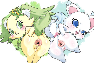 accessory anthro anus big_anus blue_body blue_eyes blue_fur blush butt censored_genitalia censored_vulva duo female fur gaping gaping_anus genitals green_body green_eyes green_fur looking_at_viewer looking_back presenting presenting_anus rear_view shortstack simple_background smile spread_anus spread_butt spreading tongue tongue_out vulva white_body white_fur yellow_body yellow_fur nanaeljustice jewelpet sanrio sega sega_fave larimar_(jewelpet) peridot_(jewelpet) arctic_fox canid canine canis domestic_dog fox mammal papillon toy_dog true_fox 2026 absurd_res censored dated hi_res signature