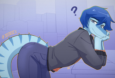 abstract_background anthro bent_over blue_body blue_hair blue_scales bottomwear butt clothing denim denim_bottomwear denim_clothing grey_clothing grey_eyes grey_jacket grey_topwear hair jacket jeans leaning leaning_forward long_tail looking_at_viewer male pants question_mark scales short_hair snout solo spiked_tail spikes spikes_(anatomy) tail text topwear seven_(artist) cavemanon_studios snoot_game jack_(snoot_game) baryonyx dinosaur prehistoric_species reptile saurischian scalie spinosaurid theropod 2026 artist_name digital_drawing_(artwork) digital_media_(artwork) hi_res watermark